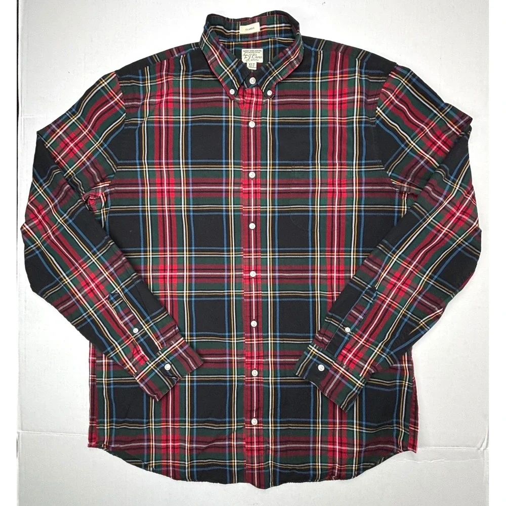 J. Crew Mens XLT Classic Fit Plaid Button Down Shirt Organic Cotton Christmas EC